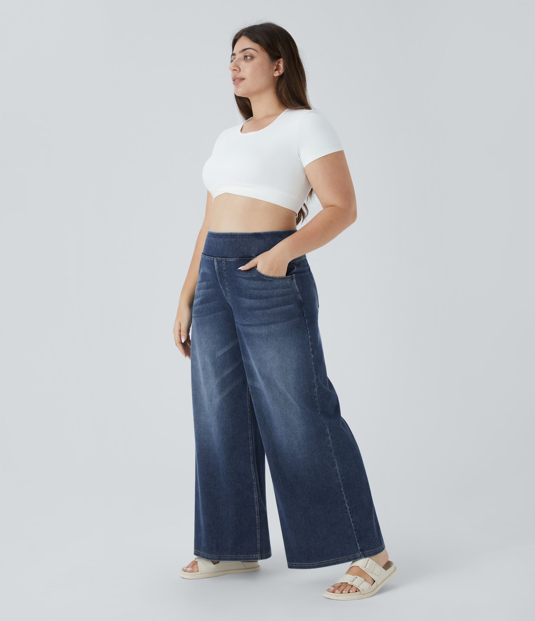 FlexHigh Waisted Pockets Baggy Wide Leg Washed Casual Plus Size Jeans
