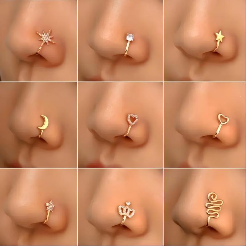 9pcs Nose Ring Jewelry Shape Nose Ring  Copper Non Piercing Nose Rings, U Shape Star Love Crown Nose Clip with Zirconia shape nose nose ring nose ring Punk Rhinestone Clip-On Gold gold  nose protection bracelet cross  septum Stainless Steel Charm