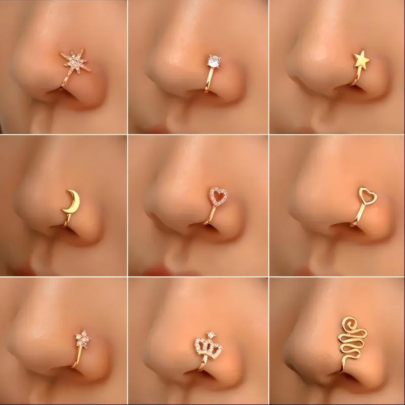 9pcs Nose Ring Jewelry Shape Nose Ring  Copper Non Piercing Nose Rings, U Shape Star Love Crown Nose Clip with Zirconia shape nose nose ring nose ring Punk Rhinestone Clip-On Gold gold  nose protection bracelet cross  septum Stainless Steel Charm