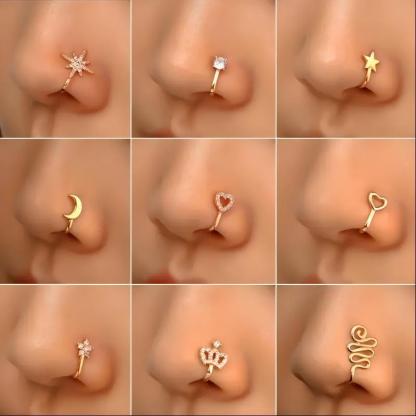9pcs Nose Ring Jewelry Shape Nose Ring  Copper Non Piercing Nose Rings, U Shape Star Love Crown Nose Clip with Zirconia shape nose nose ring nose ring Punk Rhinestone Clip-On Gold gold  nose protection bracelet cross  septum Stainless Steel Charm
