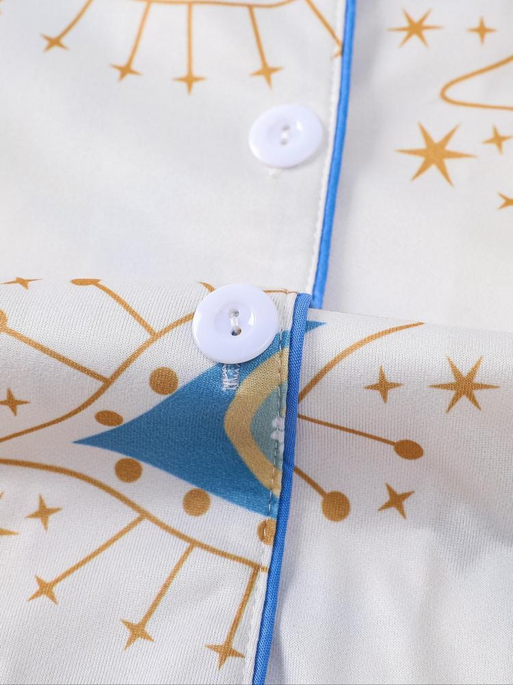 Women's Sleepwear Set, Eye Pattern Print, Holiday Party Pajamas, Soft Shirt Collar Top & Elastic Pants, Casual Home Wear