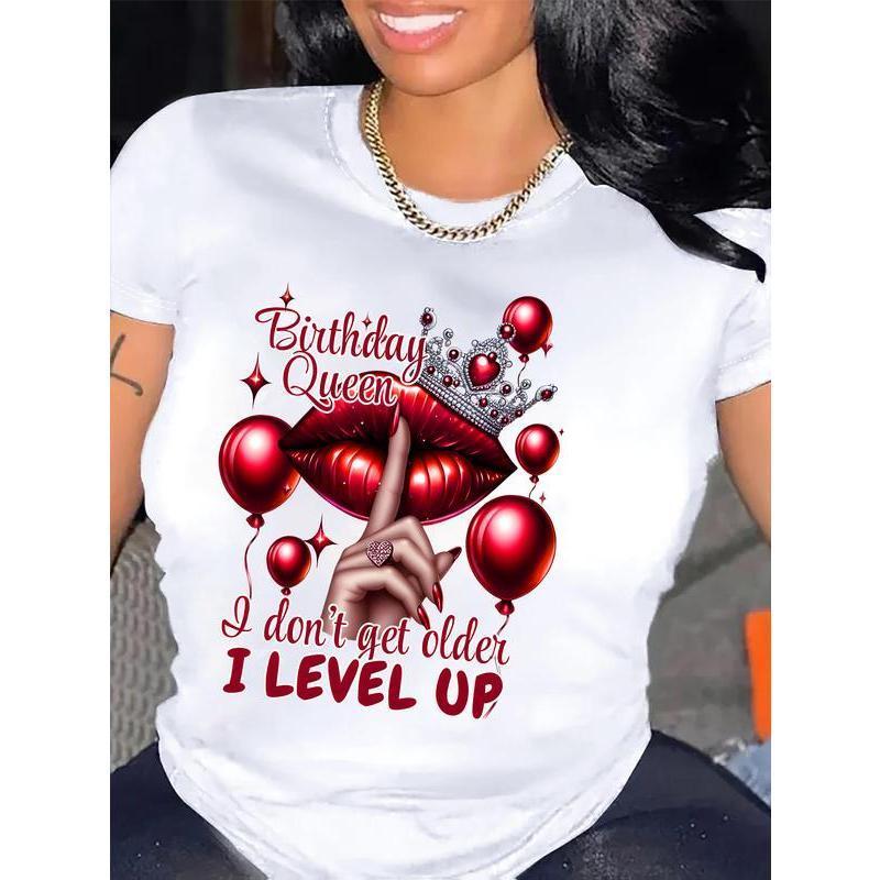 Queen's Birthday Queen Pattern T-shirt Casual round-neck T-shirt with balloon and lip print, suitable for all seasons, Allseason Top Fashion