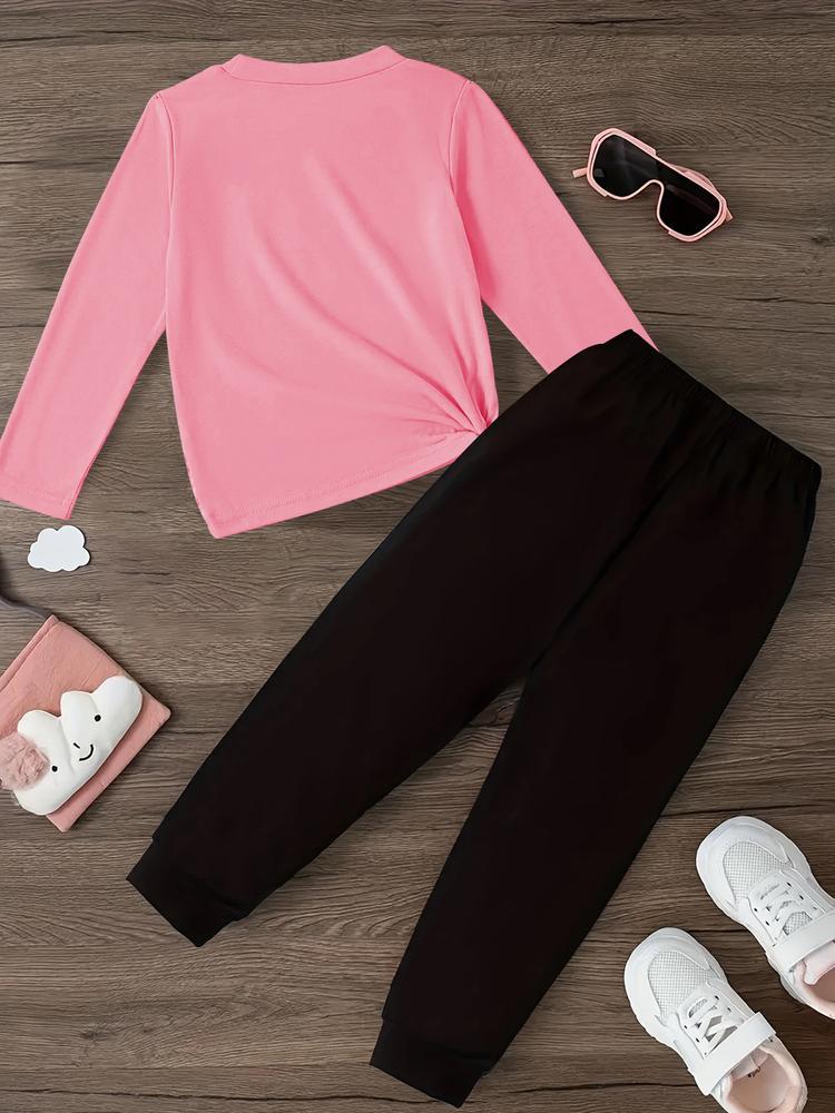 Girls' Kpop Print Long Sleeve T-Shirt & Casual Sweatpants Set, Spring & Fall Fashion, Comfortable Kids Clothing Gift