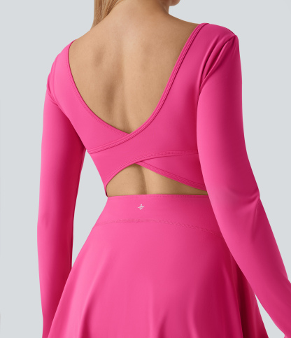 SoftlyZeroAiry U Neck Long Sleeve Thumb Hole 2-in-1 Cool Touch Mini Dance Active Dress with Pockets-Easy Peezy