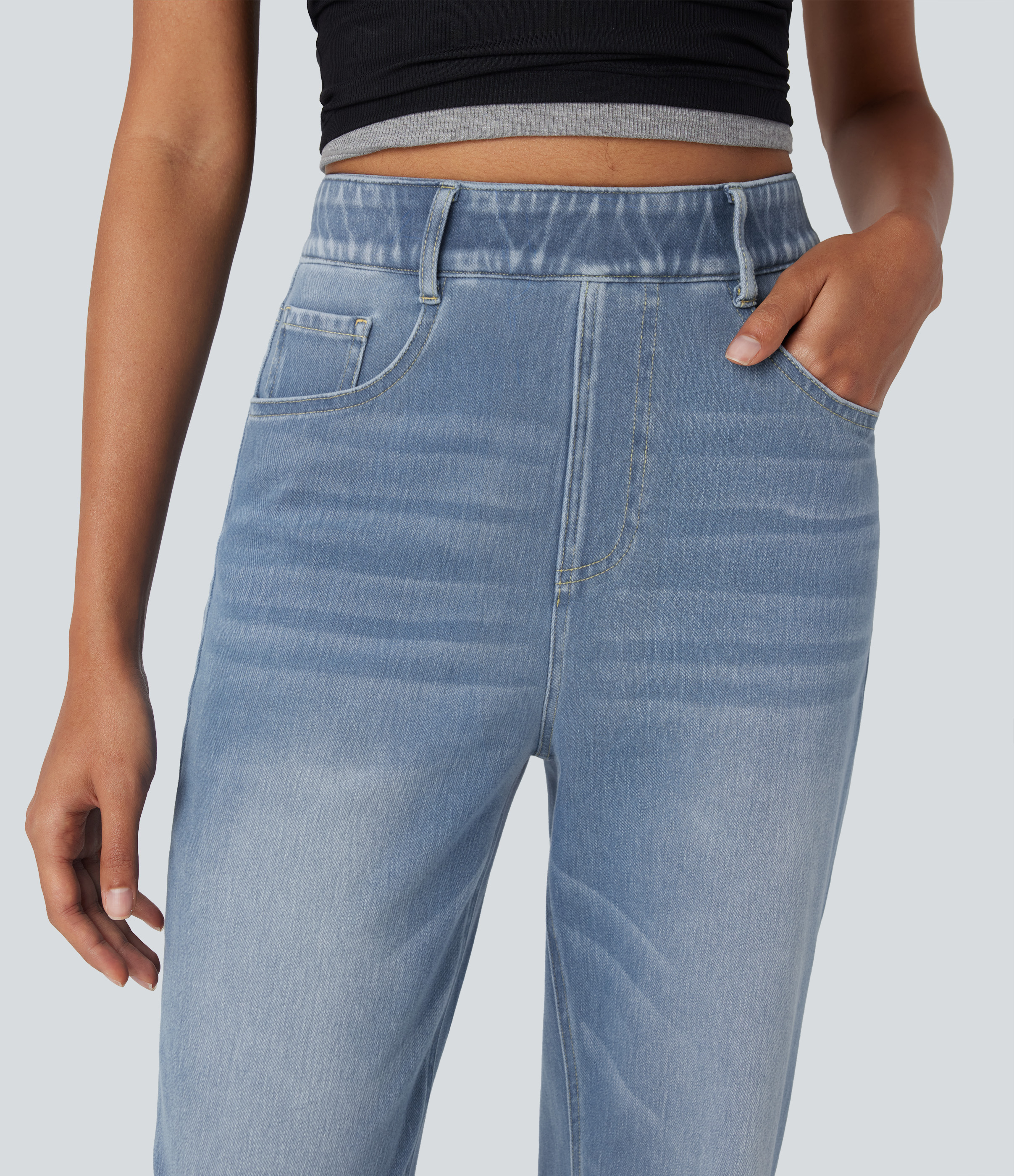 FlexHigh Waisted Pockets Straight Leg Washed Casual Jeans