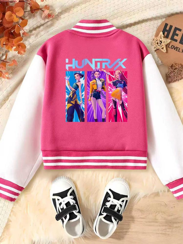 Girls Short Baseball Jacket Coat, Casual Sports School Uniform, Elastic Fabric, Trendy Kids Clothing, Fall & Winter Halloween Option