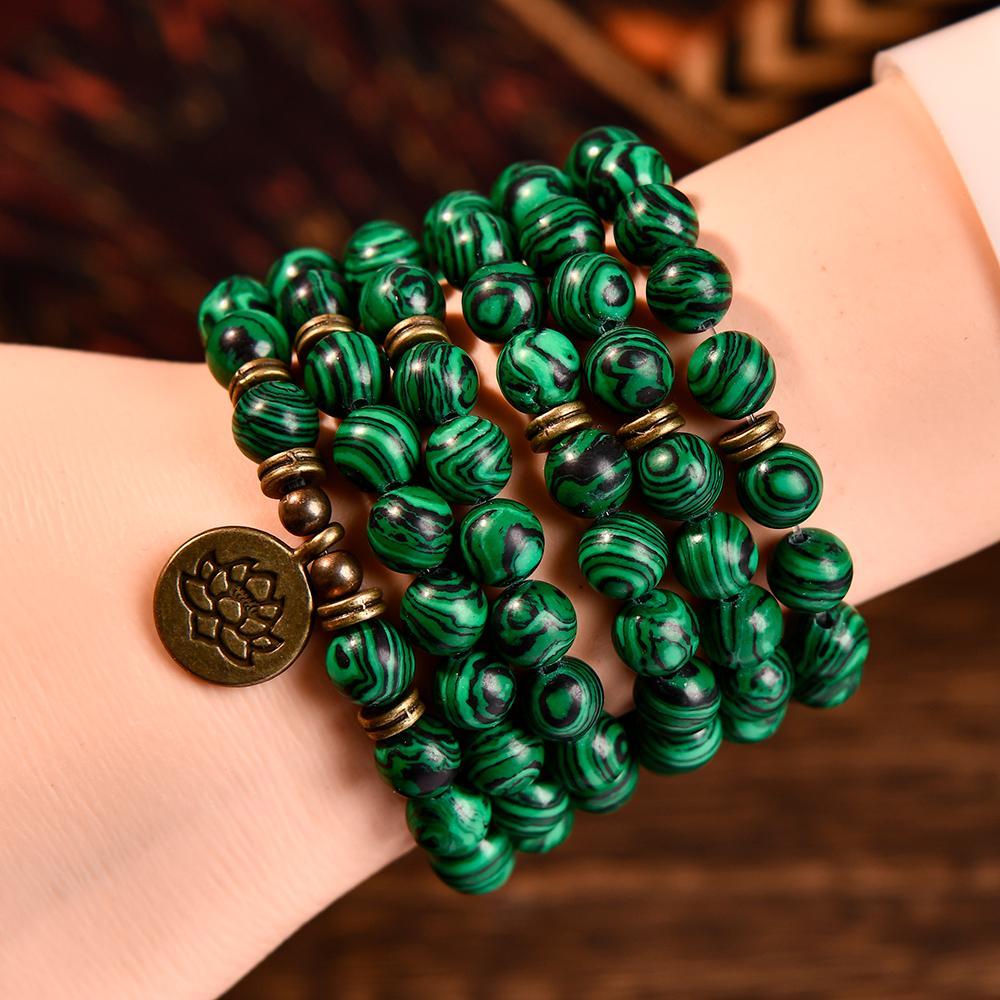 8mm Green Malachite Healing Crystal Stone 108 Mala Beads Money Attraction Bracelet Long Beaded Wrap Bracelets Genuine Gemstone Mala Prayer Beads Lotus Buddha Charm Yoga Meditation Necklace Jewelry Necklace for Ideal Gift , Elegant with Lotus Pendant