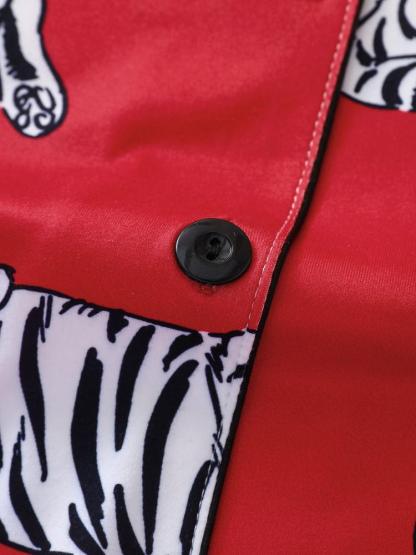 Women's Sleepwear Set, Tiger Animal Print, Elegant for Travel, Comfortable Lapel Short Sleeve Top & Wide Leg Pants, Casual Home Wear, Pajama Set