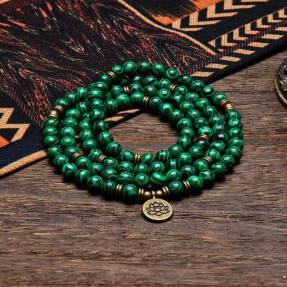 8mm Green Malachite Healing Crystal Stone 108 Mala Beads Money Attraction Bracelet Long Beaded Wrap Bracelets Genuine Gemstone Mala Prayer Beads Lotus Buddha Charm Yoga Meditation Necklace Jewelry Necklace for Ideal Gift , Elegant with Lotus Pendant