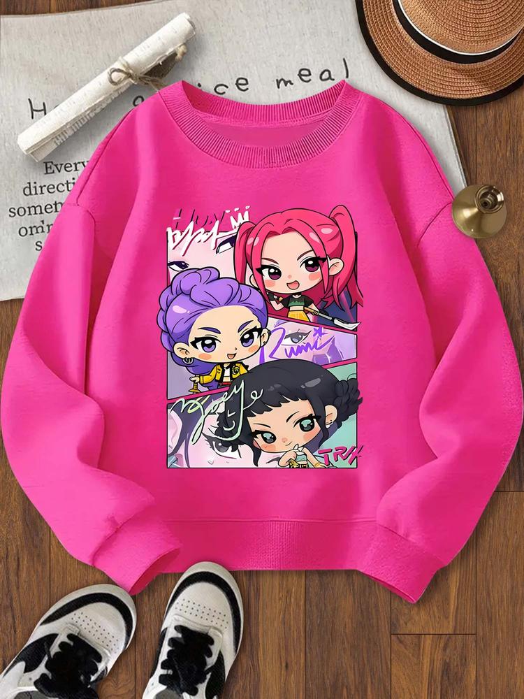 Cartoon Girl Printed Loose Sports Hoodie for Girls, Elastic Fabric, Casual Spring & Fall Sweatshirt, Perfect for Outdoor & Indoor Activities