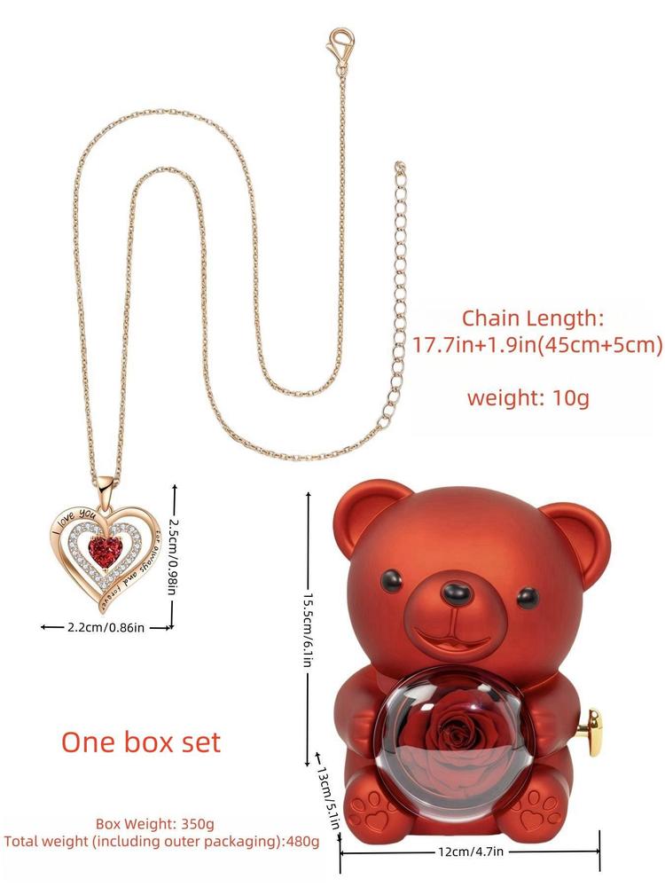 Women's Elegant Heart Design Pendant Necklace with Bear Shaped Rose Gifts Box, Exquisite Trendy Pendant Necklace, Chic Jewelry Set for Girlfriend