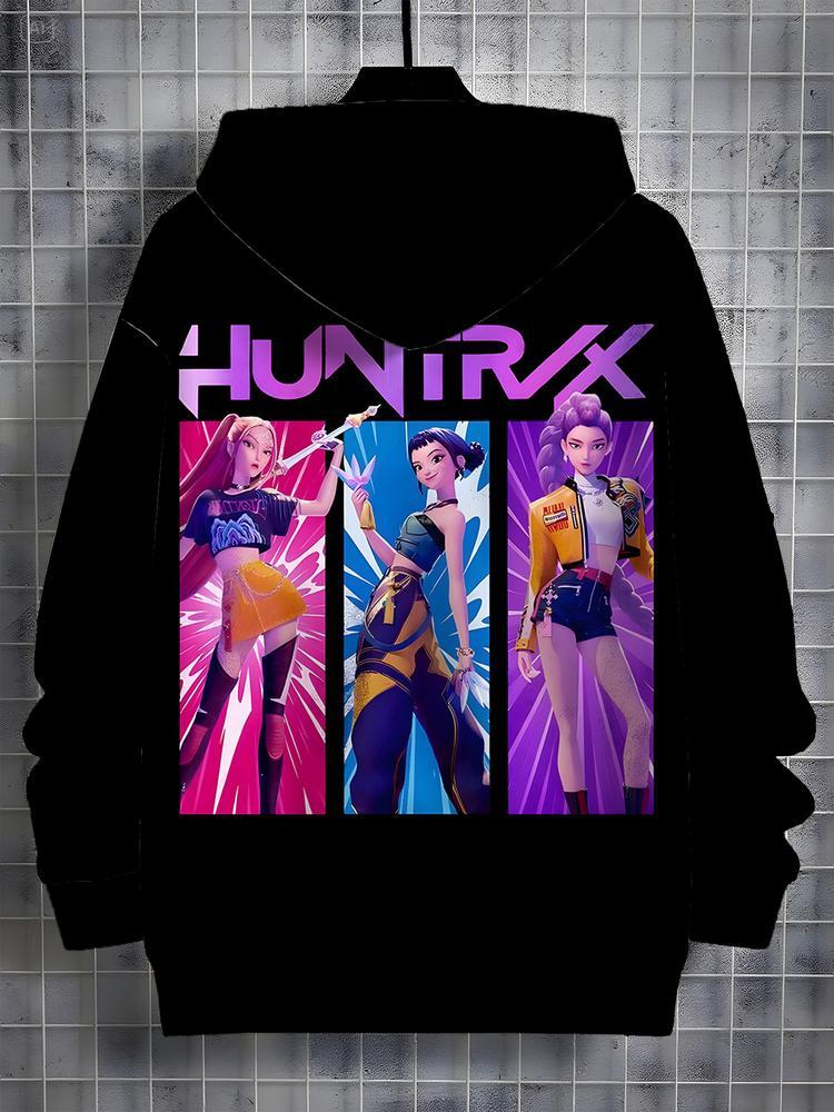 Girls Kpop Demon Hunters Hoodie, Casual Fall Winter Sportswear, Fitted Random Print Design, Durable Outdoor Activities, Christmas Gift