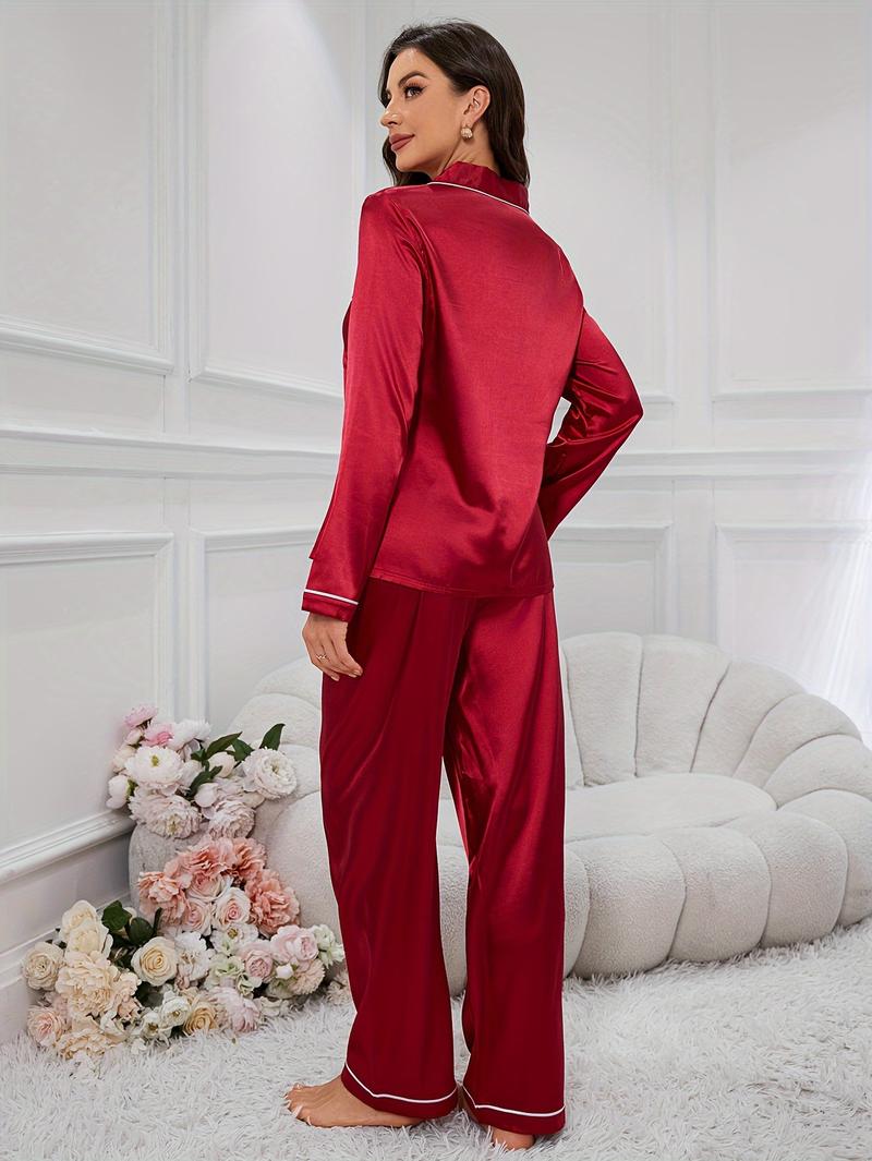 Women'S Red Satin Pajama Set - Long Sleeve, Button-Up, Casual Style, Perfect for Fall/Winter, Cozy Home Wear, Cozy Home Wear | Satin Finish | Satin Fabric