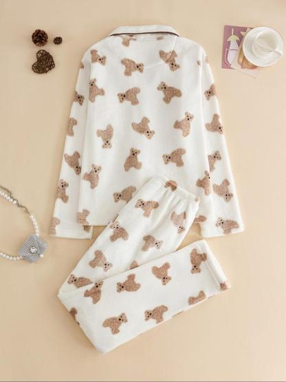 Two-piece Set Women's All Over Cartoon Bear Print Lapel Collar Top & Elastic Waist Pants Pajama Set, Long Sleeve Button Up Top & Pants Pj Set, Women's Sleepwear for Winter