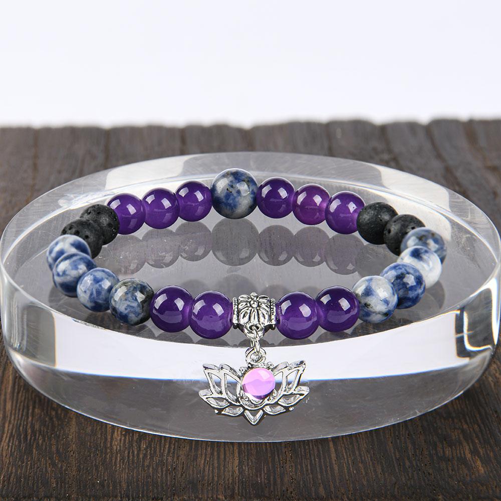ARPURRAINA Beaded Bangle With Yoga Lotus Charm Natural Stone Crystal Jewelry Blue Bracelet Elastic Band Chakra Protection Encouragement Gift