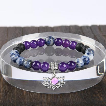 ARPURRAINA Beaded Bangle With Yoga Lotus Charm Natural Stone Crystal Jewelry Blue Bracelet Elastic Band Chakra Protection Encouragement Gift