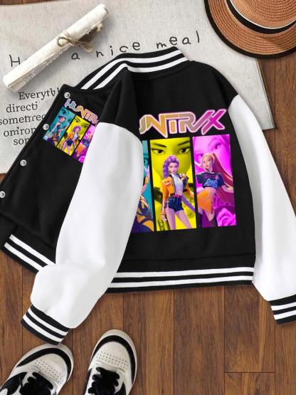 Girls' Halloween Christmas Short Baseball Jacket Coat, Casual Comfy Jacket, Casual Sports School Uniform, Elastic Fabric, Youth Fashion Outerwear