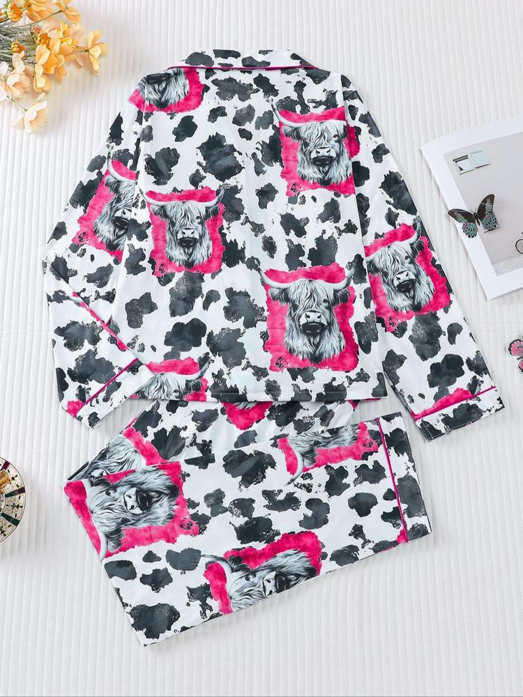Women's 2-Piece Sleepwear Set, Highland Cow Print, Soft Shirt Collar Top & Elastic Pants, Casual Home Wear for Fall Winter