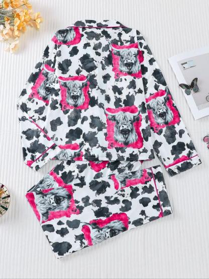 Women's 2-Piece Sleepwear Set, Highland Cow Print, Soft Shirt Collar Top & Elastic Pants, Casual Home Wear for Fall Winter