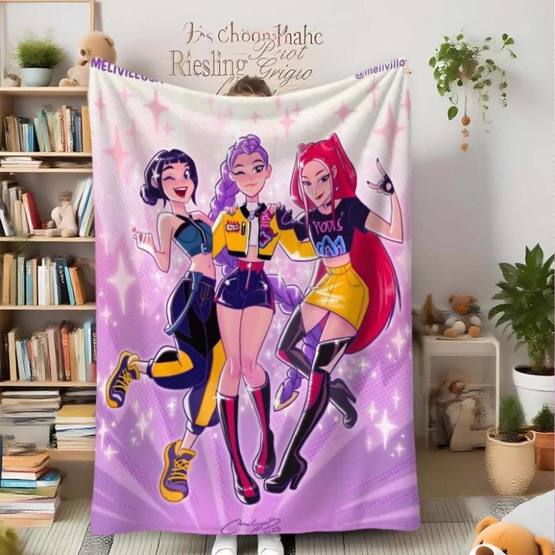 K-Pop Demon Hunter Flannel Blanket Set, Soft Multi-Purpose Printed Throw for Sofa Bed Office Home Decor, Perfect Gift for Kpop Fans, Cartoon Pattern BlanketChristmas Gift,Gift for kids,Birthday Gift, Cozy & Soft