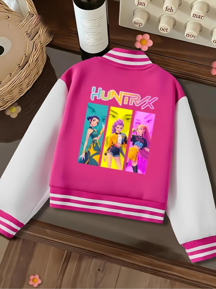 Halloween Christmas Anime Girl Short Baseball Letter Patched Jacket, Kpop Print Elastic Fabric, Casual Sports School Uniform for Girls, Fall Winter