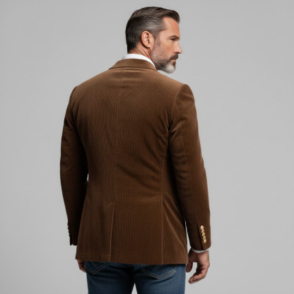 Men's Brown Peaked Lapel Long Sleeve Single Breasted Chest Pocket Corduroy Blazer