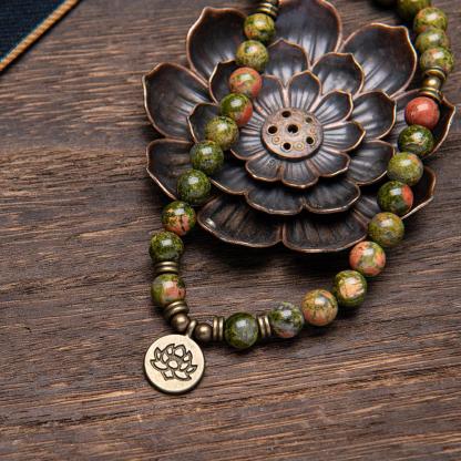 Unakite Healing Crystal Stone 108 Mala Beads Handmade Stacked Elastic Money Attraction Bracelet - Natural Stone Mindfulness Long Beaded Wrap  Genuine Gemstone Mala Prayer Beads Lotus Buddha Charm Yoga Japamala Jewelry Necklace , Elegant with Lotus Pendant