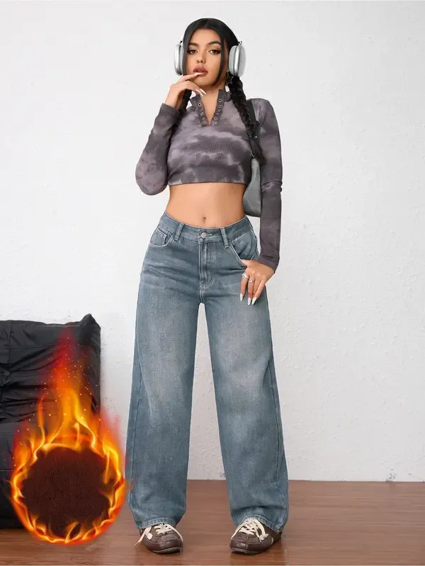 Women's Vintage Fleece-Lined Thickened Fall Winter Wide Leg Jeans, Elegant Comfortable Casual Trendy Straight Washed Denim Pants