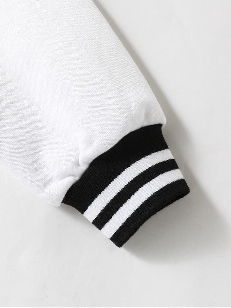 Girls' Short Baseball Jacket Coat, Cartoon Design, Elastic Fabric, Fitted Style, Fall & Winter School Uniform Outerwear, Striped Trim Jacket