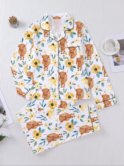 Women's Long Sleeve Sleepwear Set, Highland Cow & Sunflower Print, Soft Fabric, Elegant Casual, Comfortable Flap Collar Top