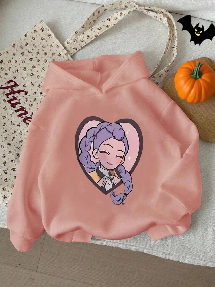 Girls' Kpop Hunter Series Hoodie, Long Sleeve Cartoon Print Pullover, Casual Comfortable Spring & Fall Fashion, Fitted Style, Graphic Casual Hoodie