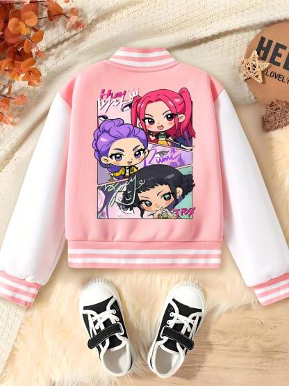 Girls' Halloween Christmas Short Baseball Jacket Coat, Kpop Hunter Design, Elastic Fabric, Fitted Style, Fall Winter Outdoor Indoor Sports Wear