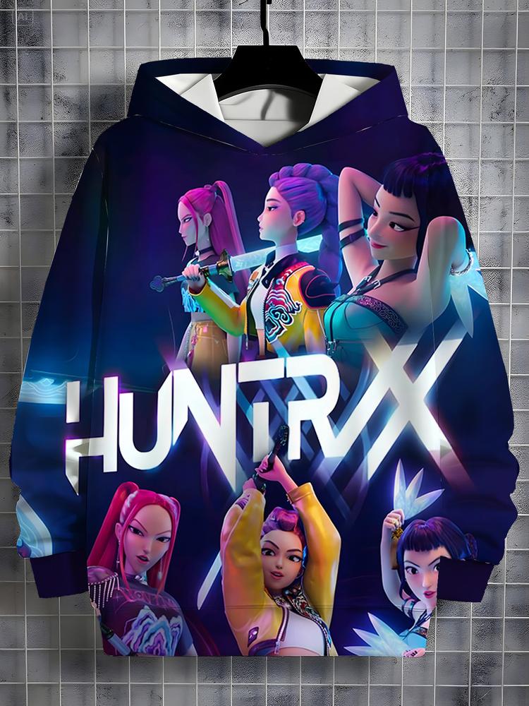 Girls Kpop Demon Hunters Graphic Print Hoodie Set, Casual Fall Winter Sportswear, Fitted Random Print Design, Durable Outdoor Activities, Christmas Gift