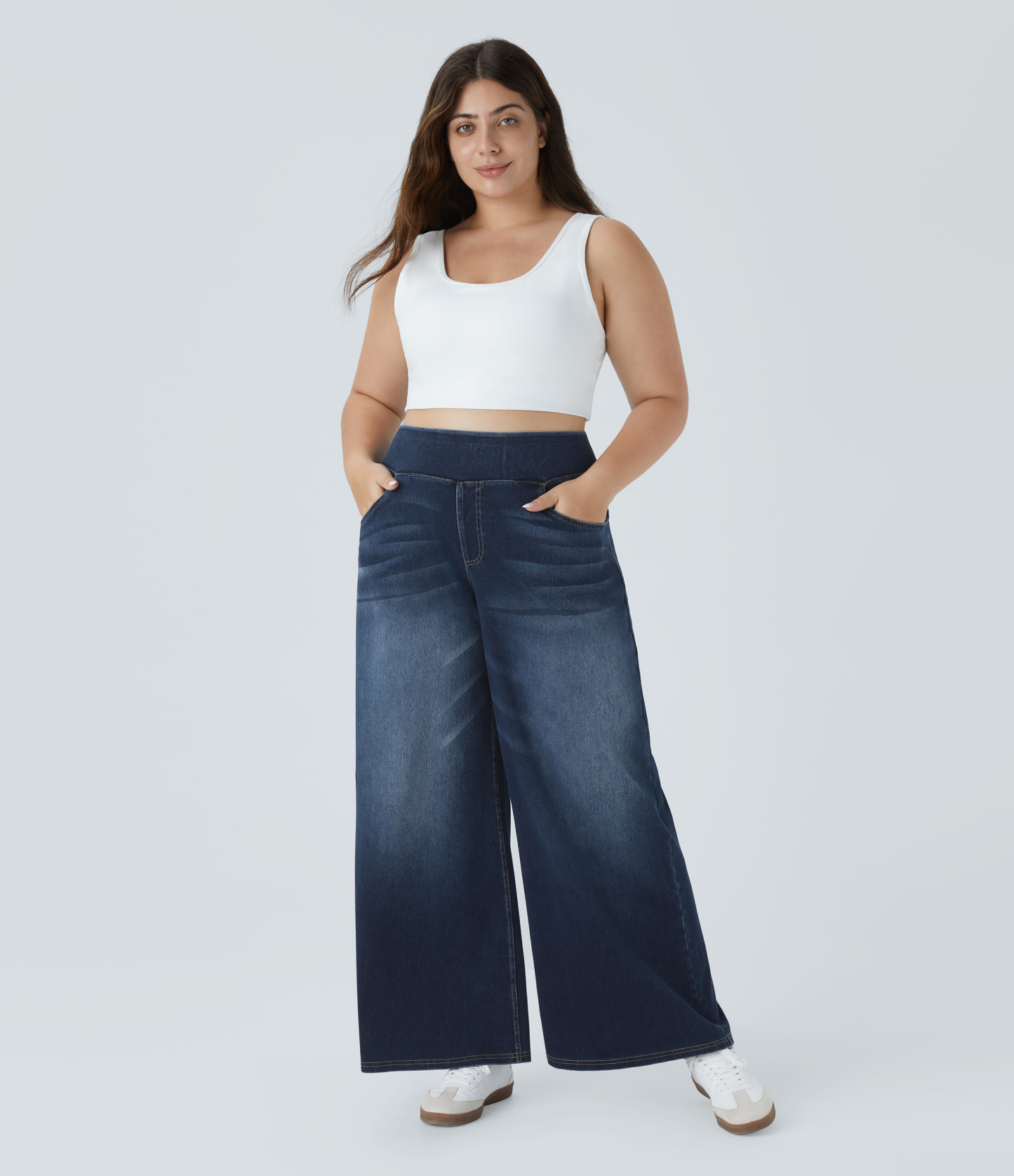 FlexHigh Waisted Pockets Baggy Wide Leg Washed Casual Plus Size Jeans