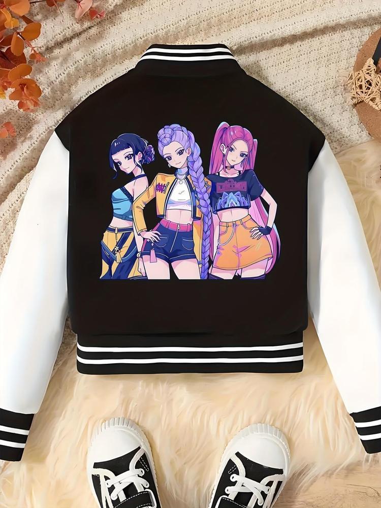 Kpop Anime Girl Print Fitted Jacket, Elastic Fabric, Girls' Street Style Sportswear, Fall & Winter Halloween Alternative