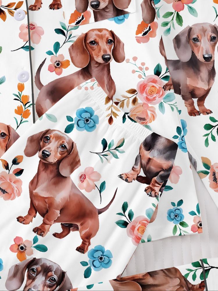 Women's Fall Winter Home Set, Cute Sausage Dog Print, Party Sleepwear, Buttoned Long Sleeve Top & Elastic Pants, Soft Stretch Fabric