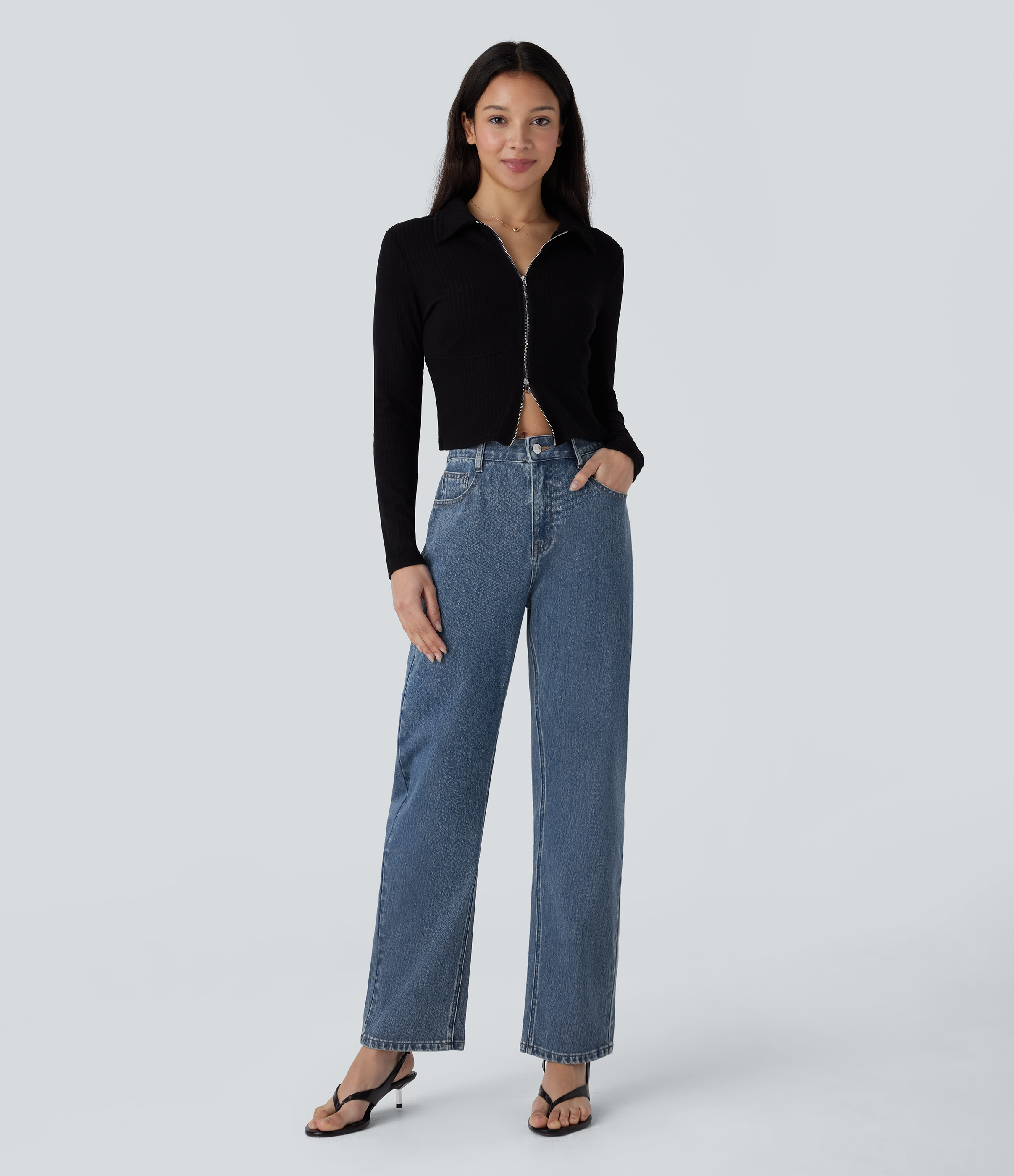 FlexHigh Waisted Zipper Pockets Straight Leg Casual Jeans