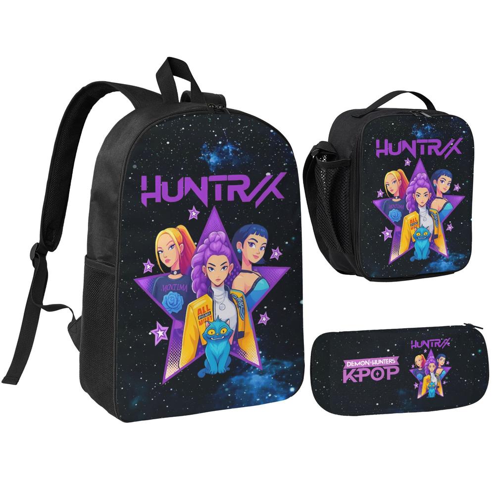K-POP Demon Hunters 3PCS School Bag Set - Large Capacity Black Laptop Backpack, Portable Lunch Bag & Pencil Case, Functional Stylish Bag for Teens Adults, Great for Everyday Adventures & Gifts