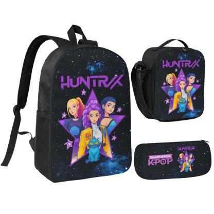 K-POP Demon Hunters 3PCS School Bag Set - Large Capacity Black Laptop Backpack, Portable Lunch Bag & Pencil Case, Functional Stylish Bag for Teens Adults, Great for Everyday Adventures & Gifts