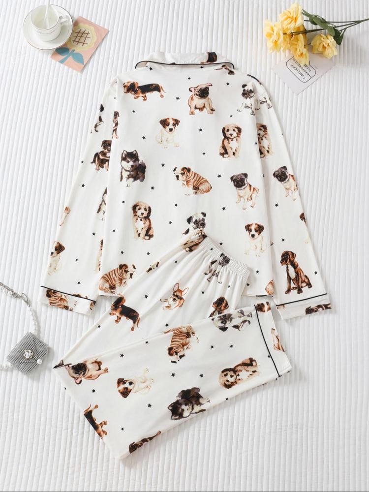 Two-piece Set Women's All Over Dog Print Lapel Neck Button Front Pajama Set, Casual Comfy Long Sleeve Top & Pants Pj Set, Women's Sleepwear for Spring & Fall