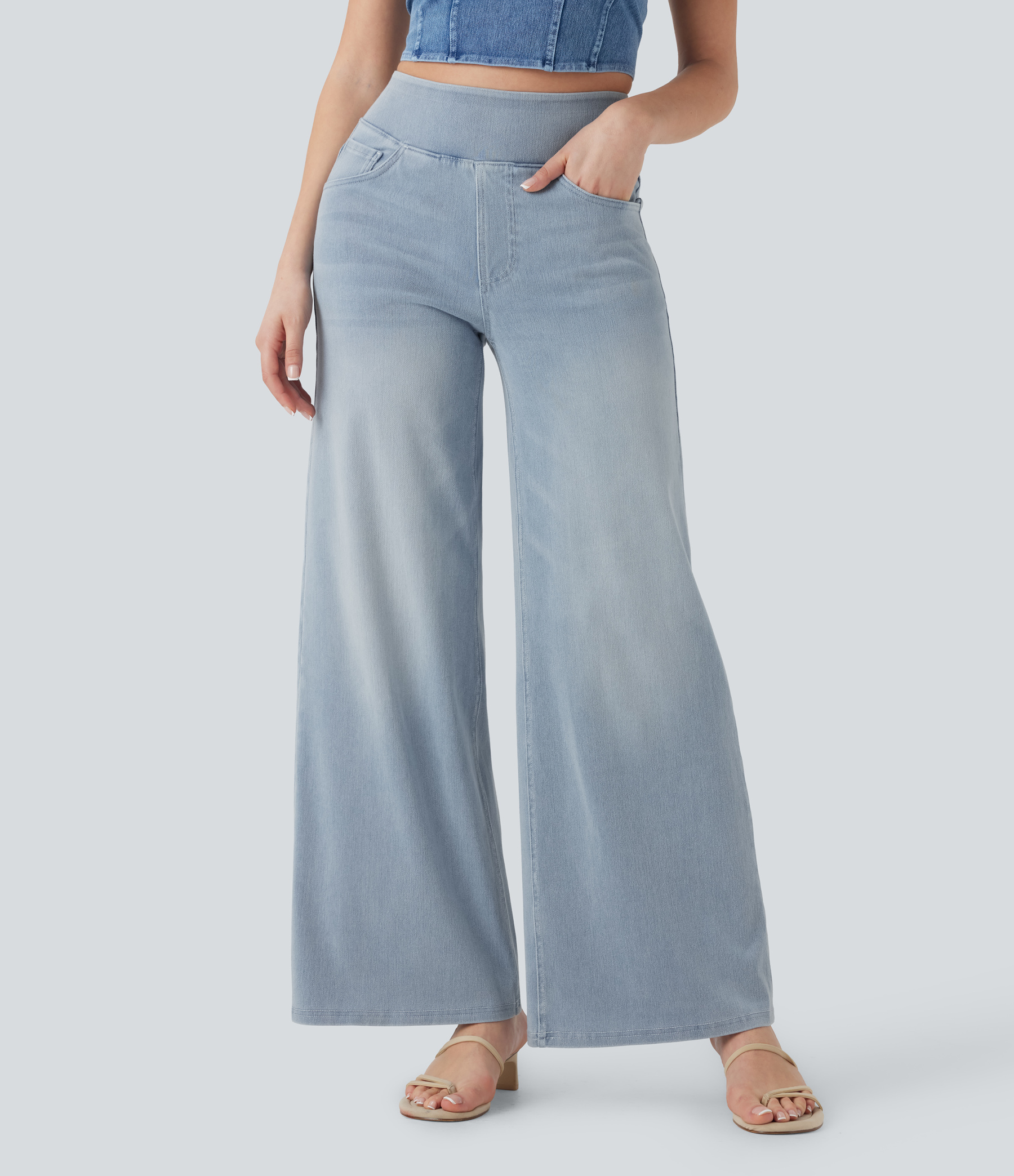 FlexHigh Waisted Pockets Baggy Wide Leg Washed Casual Jeans