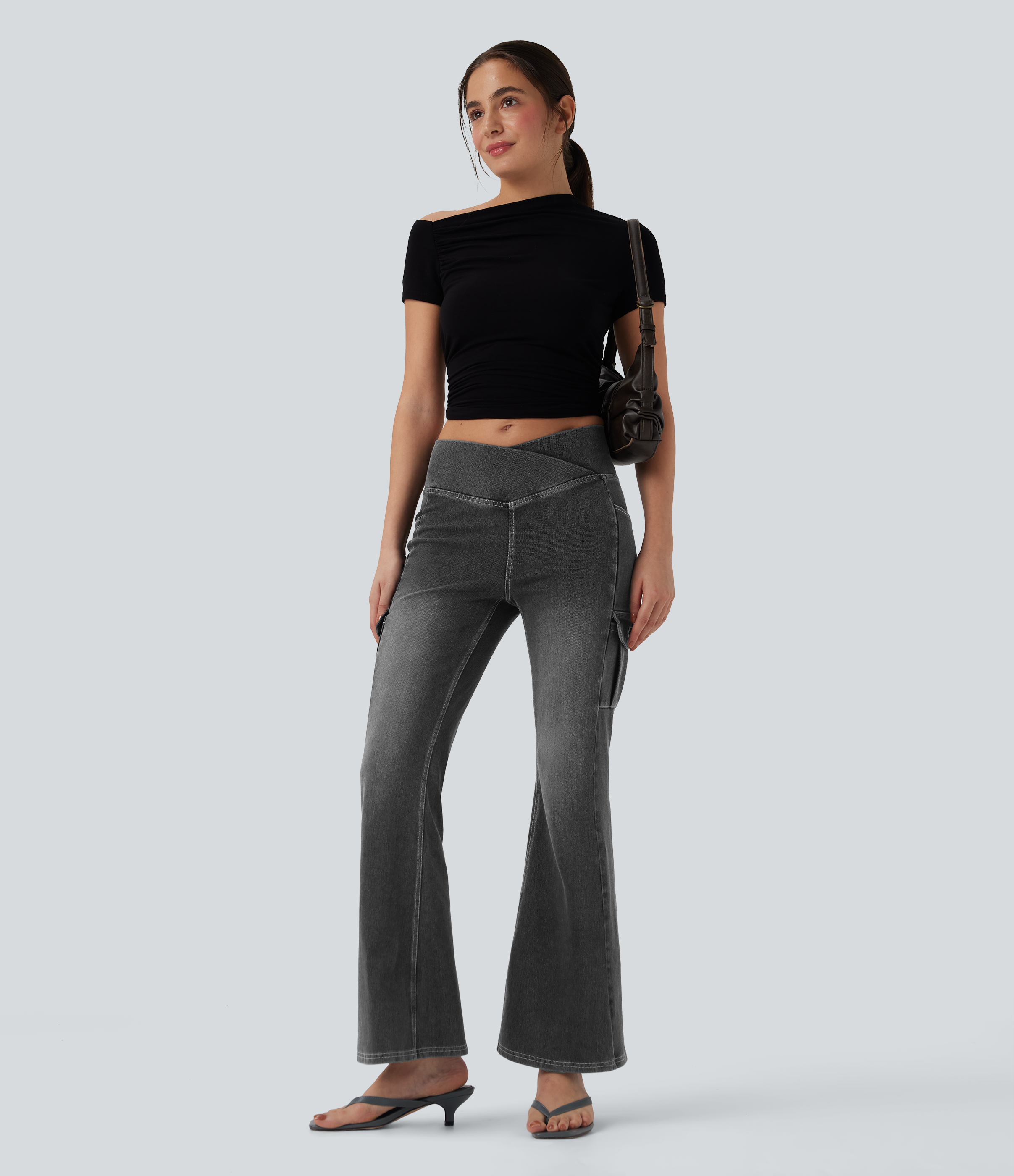 FlexMid Rise Crossover Denim Bootcut Casual Leggings with Pockets