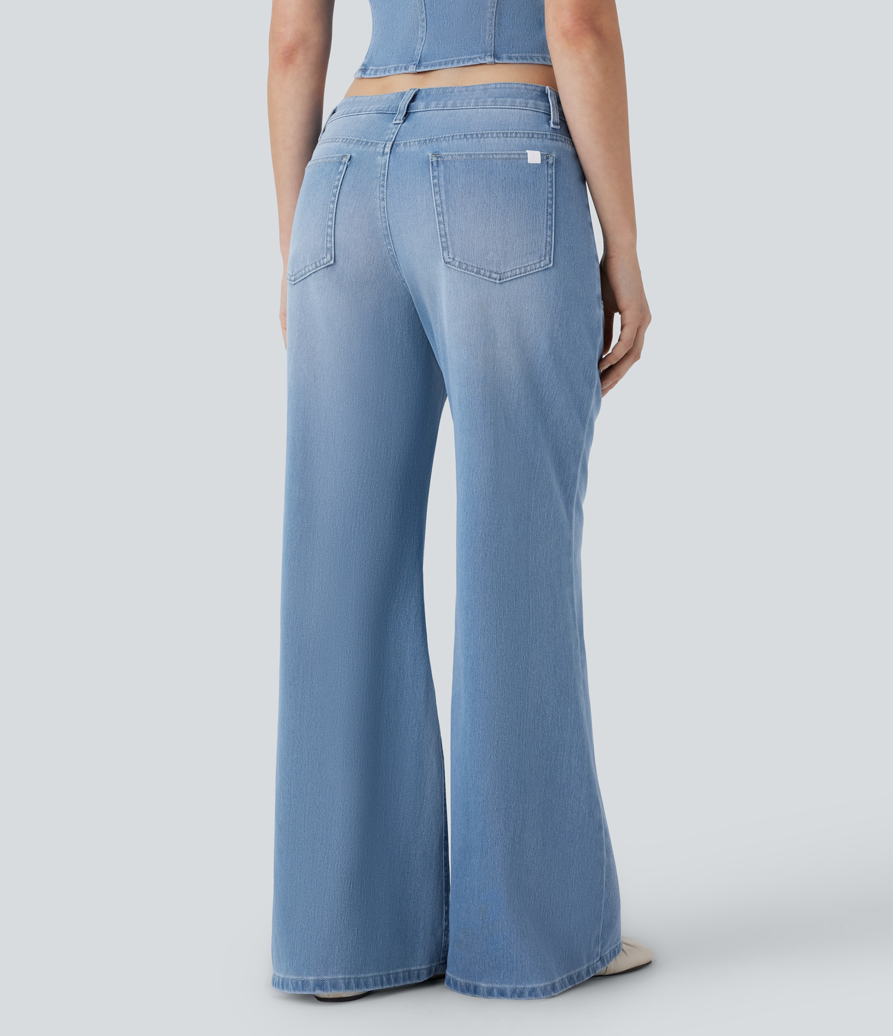 FlexLow Rise Zipper Pockets Baggy Wide Leg Flare Washed Casual Jeans