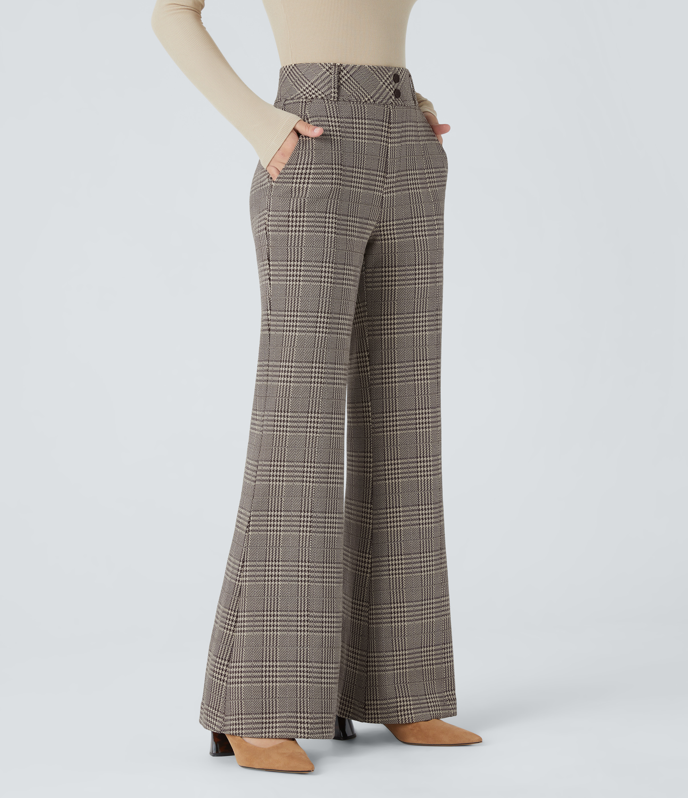 FlexHigh Waisted Decorative Pocket Houndstooth Plaid Work Flare Pants