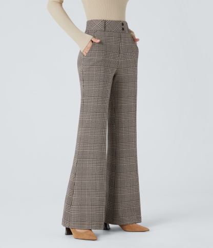 FlexHigh Waisted Decorative Pocket Houndstooth Plaid Work Flare Pants