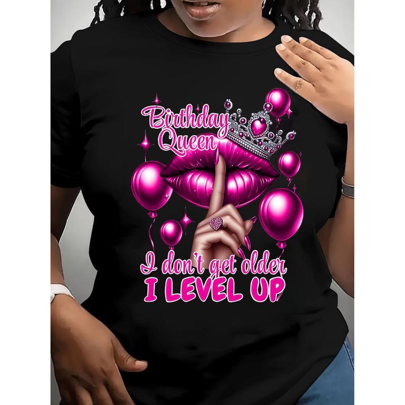 Queen's Birthday Queen Pattern T-shirt Casual round-neck T-shirt with balloon and lip print, suitable for all seasons, Allseason Top Fashion