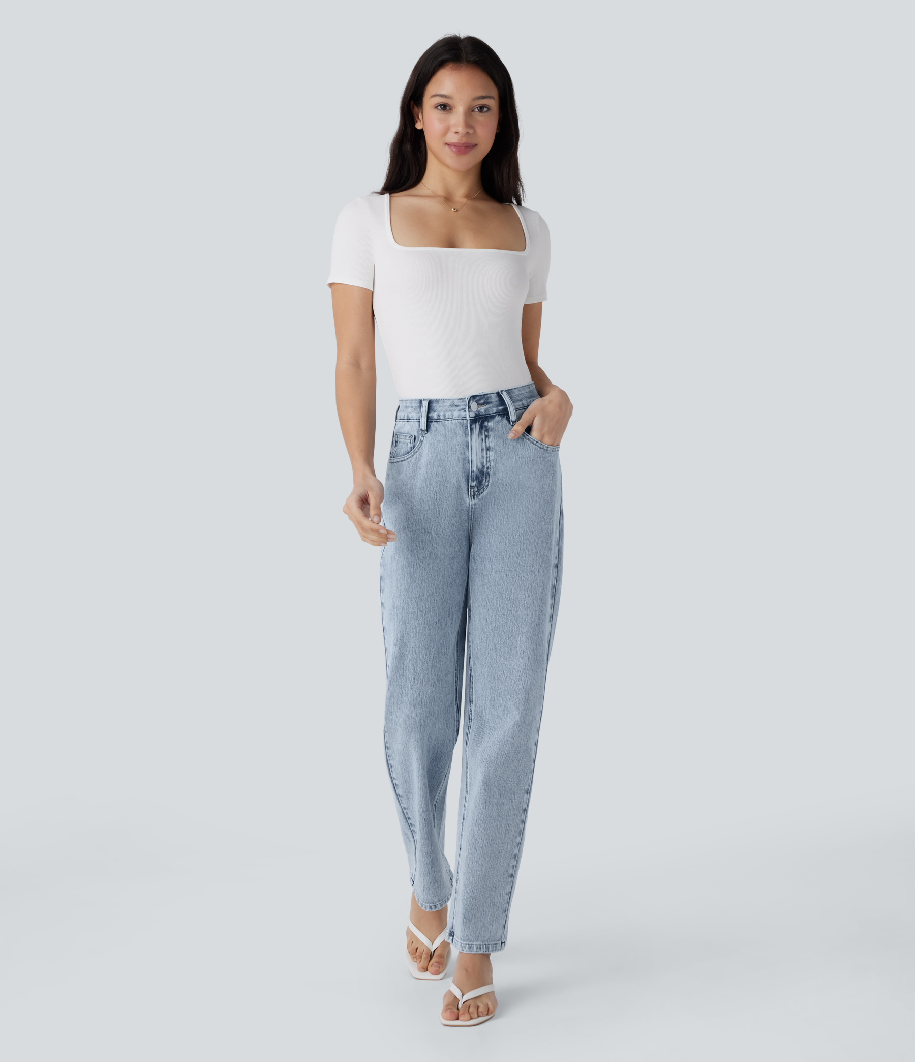 FlexHigh Waisted Zipper Pockets Straight Leg Casual Jeans