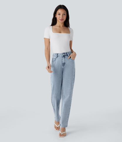 FlexHigh Waisted Zipper Pockets Straight Leg Casual Jeans