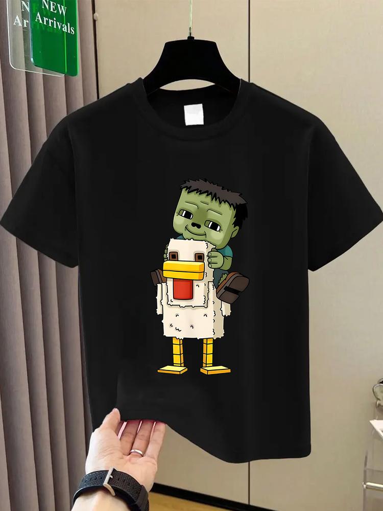 Boys' Summer Casual Cool Cartoon Zombie Chicken Race Print Short Sleeve T-Shirt, Comfortable Fit, Perfect for Daily Wear & Outdoor Activities