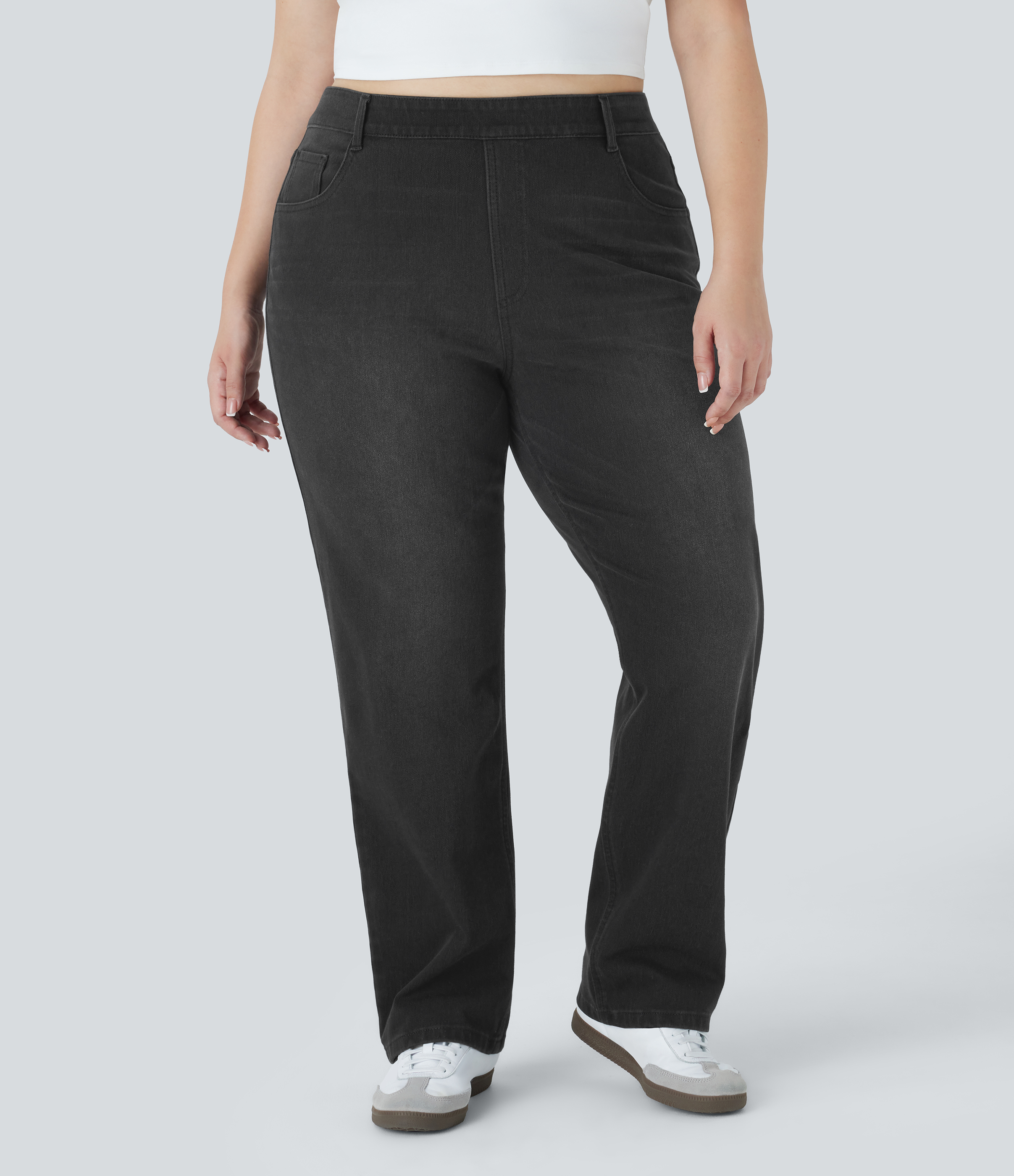 FlexHigh Waisted Pockets Straight Leg Washed Casual Plus Size Jeans